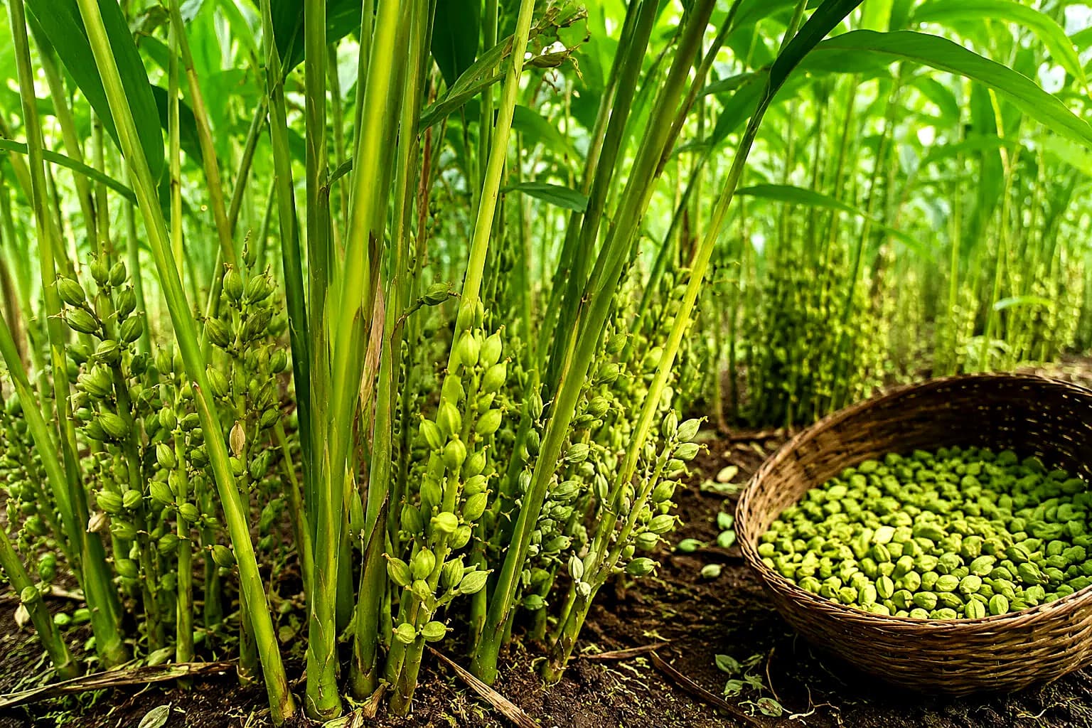 Cardamom plants with ripening pods beside a freshly harvested basket in Idukki