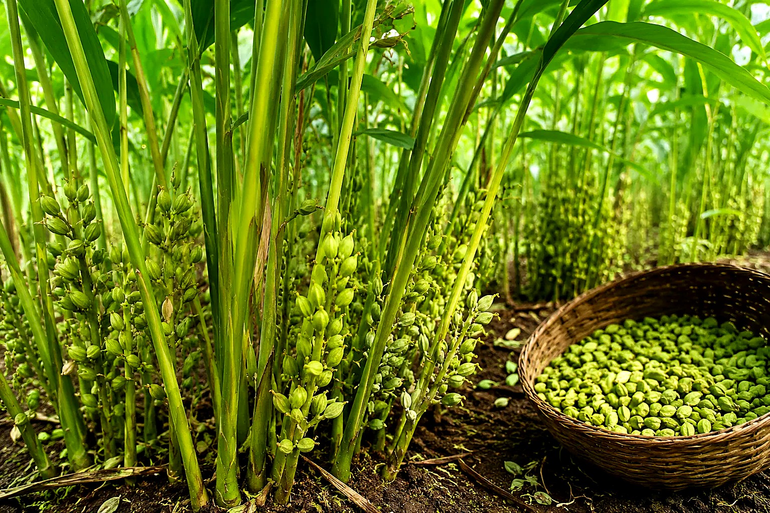 Cardamom plants with ripening pods beside a freshly harvested basket in Idukki